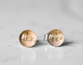 Peachy Pink Stud Earrings - Orange Peach Yellow Writing Resin Silver Post Earrings