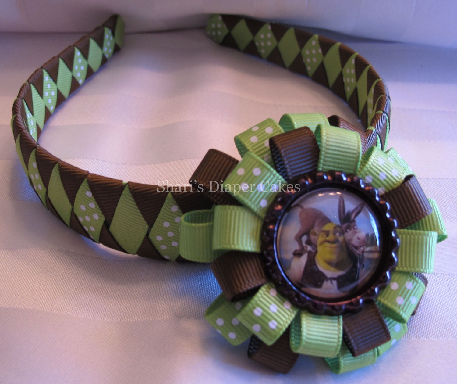Shrek & Donkey Green Brown Woven Ribbon Headback w/Detachable Bottlecap Hairclip
