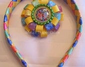 Tie Dyed Woven Ribbon Headband w/Detachable Peace Sign Bottlecap Ribbon Hairclip