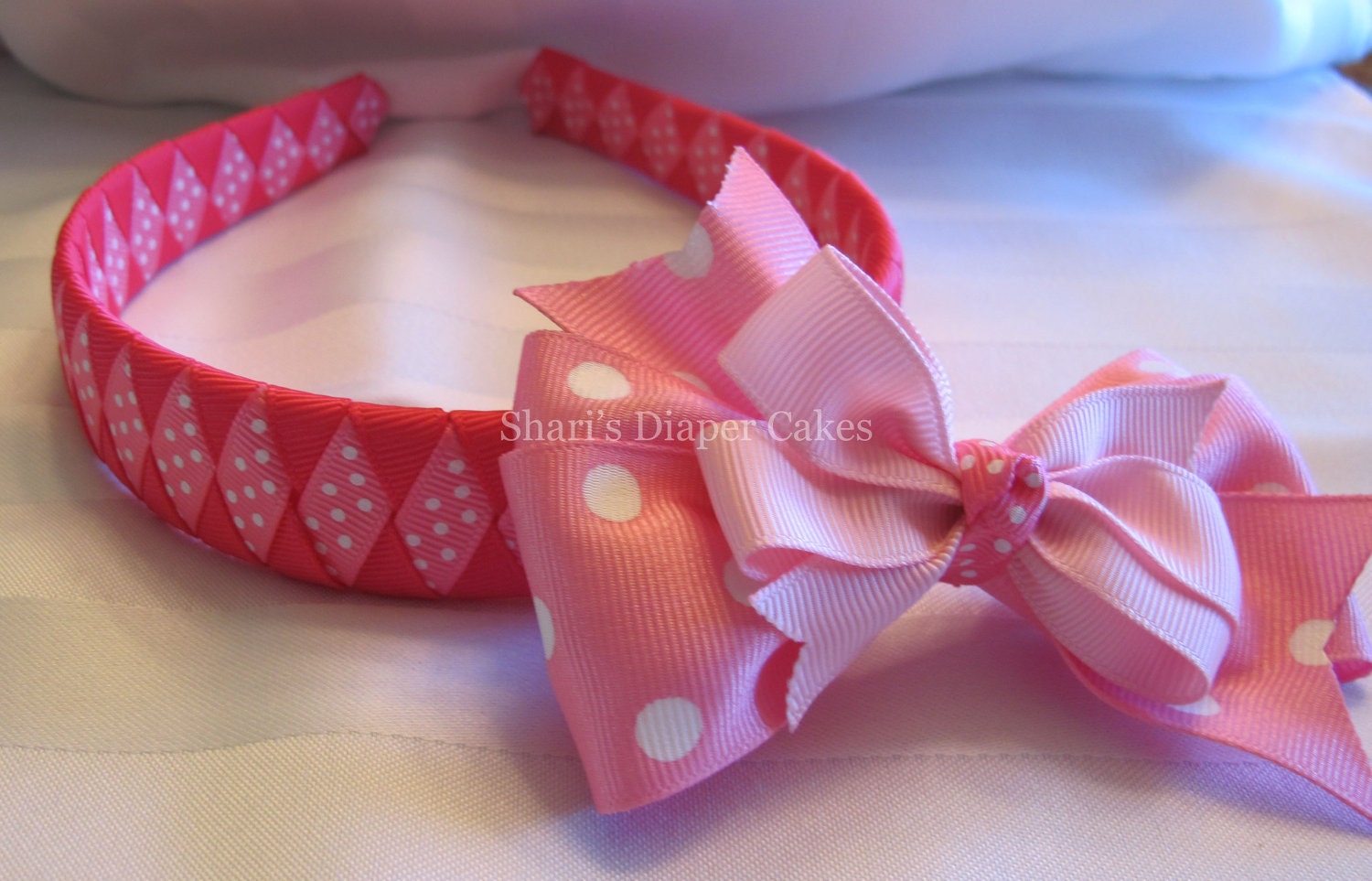 Pink Woven Ribbon Headband w/Detachable Hairbow