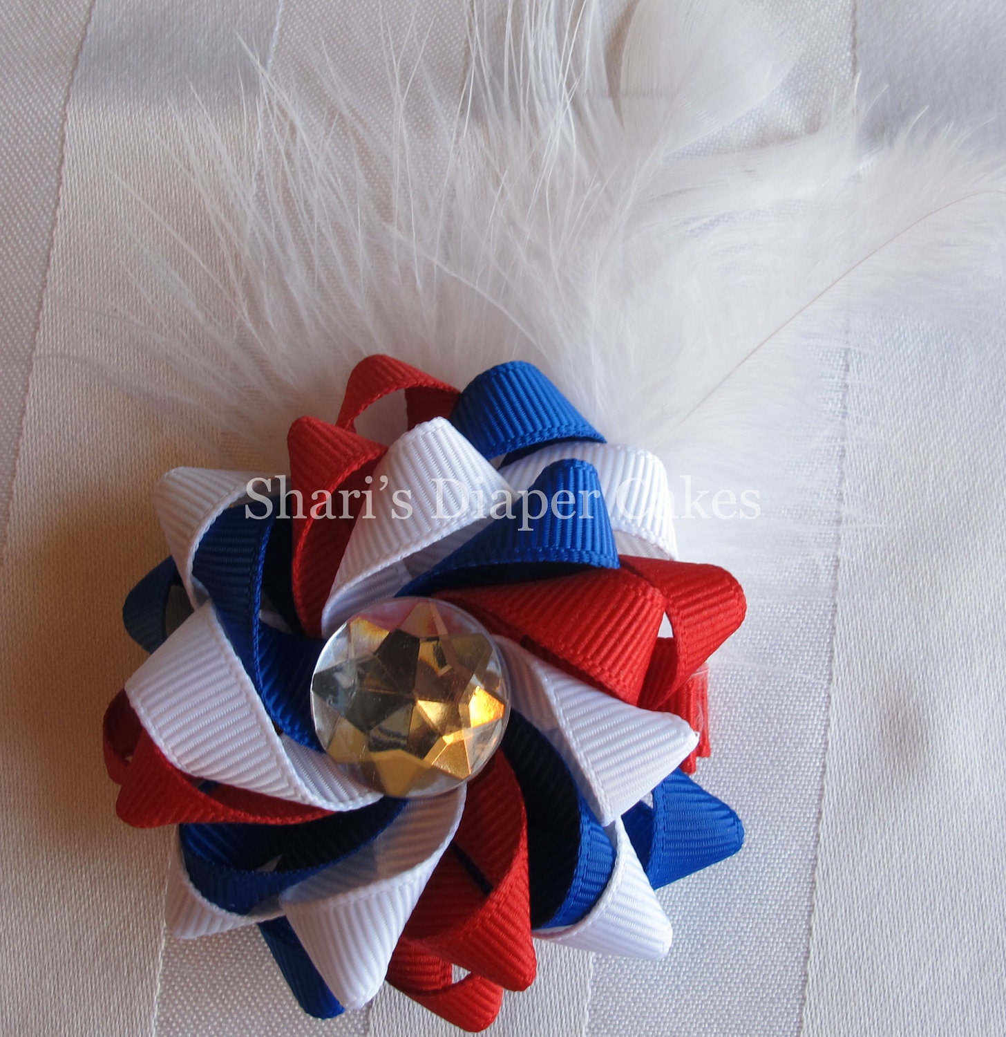 Red White and Blue Hairclip with Feather Puff