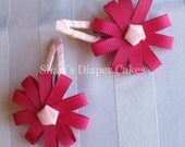 Pink Grosgrain Ribbon Flower Snap Hair Clips