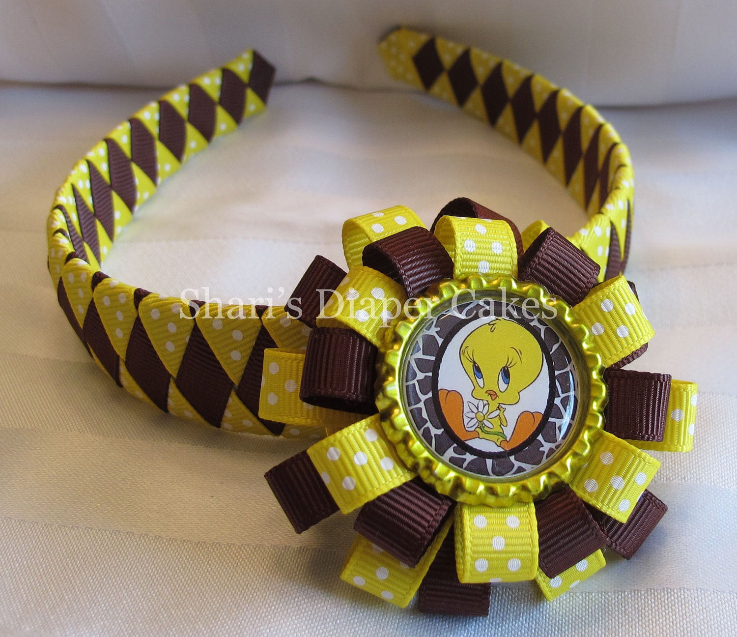 Tweety Bird Yellow & Brown Woven Ribbon Headband with Attachable Bottlecap Hairclip