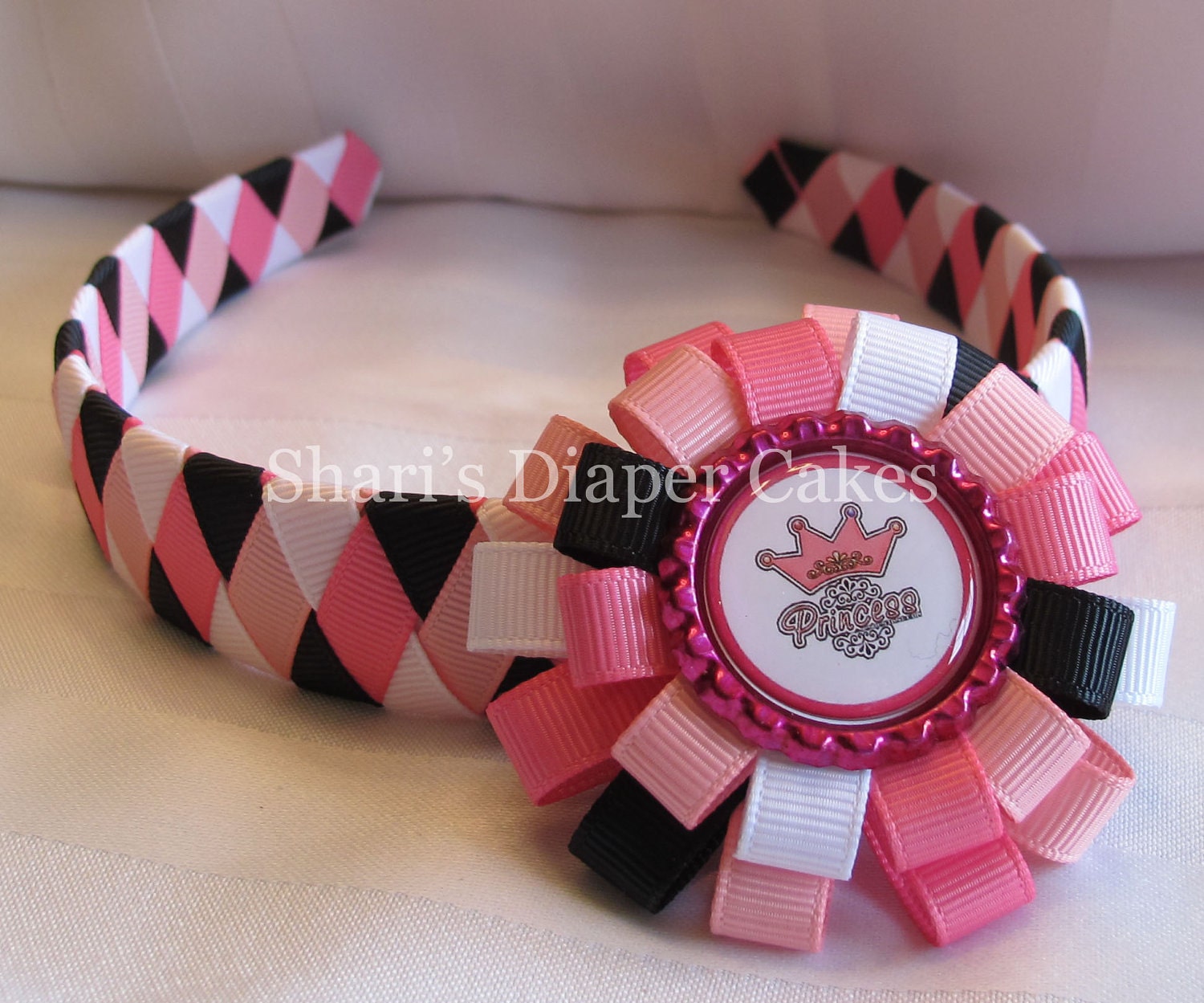 Pink Princess Woven Ribbon Headband with Attachable Bottlecap Hairbow - Hairclip