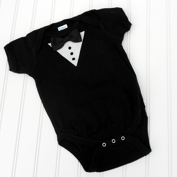 Great Baby Shower Gift READY TO SHIP formal Onesie - Tuxedo with Bow tie sewn cotton applique