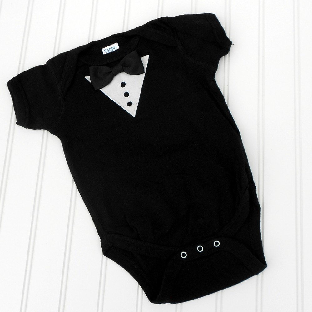 Great Baby Shower Gift READY TO SHIP formal Onesie - Tuxedo with Bow tie sewn cotton applique