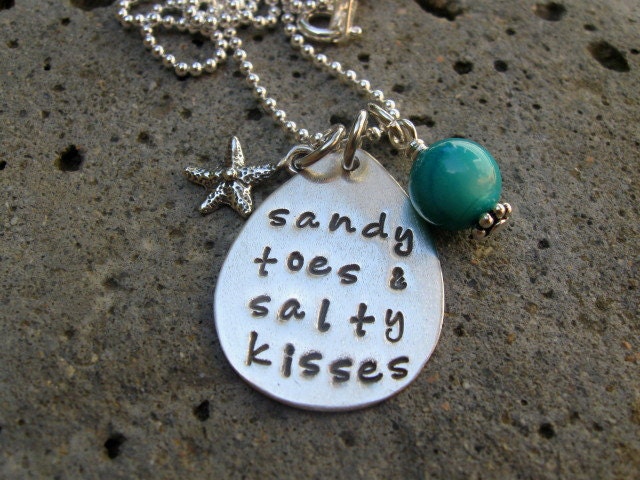 Sandy toes & salty kisses necklace, hand stamped  with starfish and aqua shell bead
