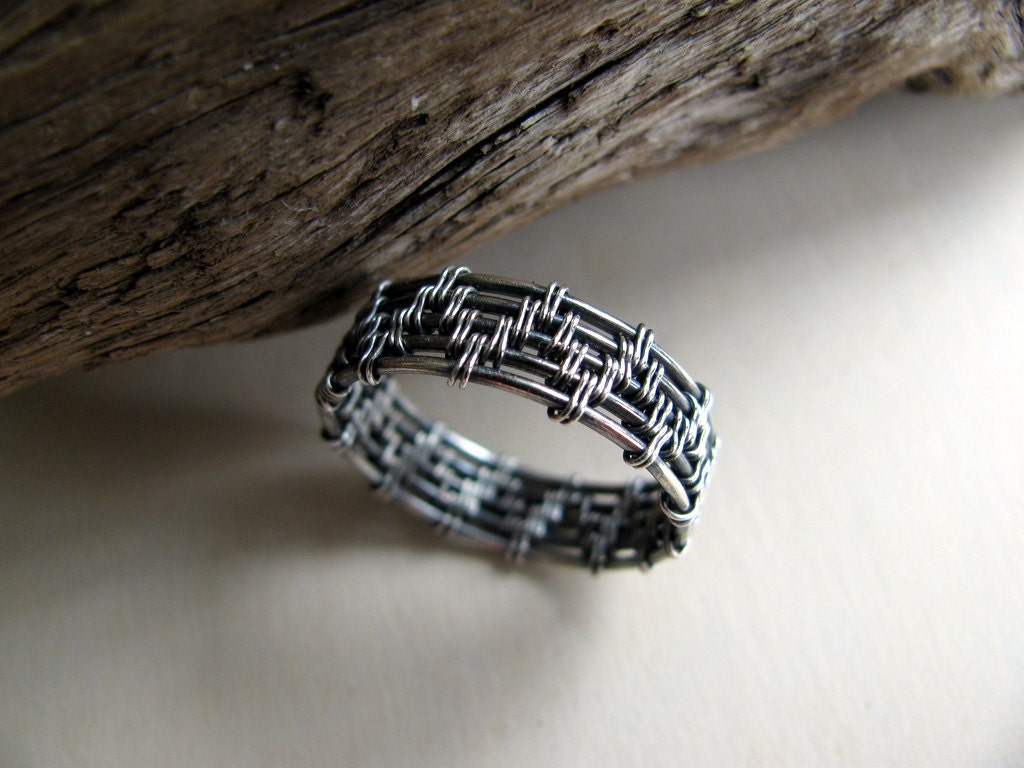 Sterling Silver Ring, Handwoven Wire Work, Oxidized, Size 7