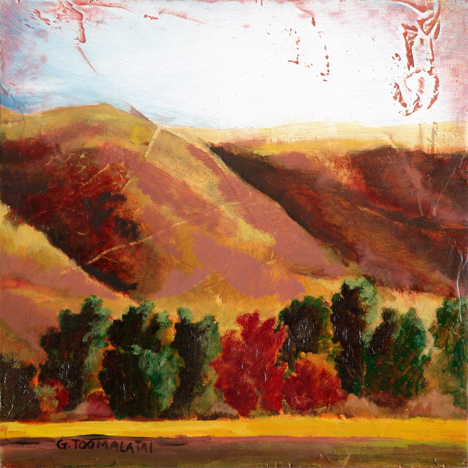 Mountain green red tree original oil painting on wood panel fall decor art G. Peine Toomalatai country art textured panel