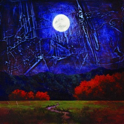 Moon print red trees mountains blue purple night sky Beautiful Heaven moon print of original oil painting 12 inch by 12 inches Giclee PRINT