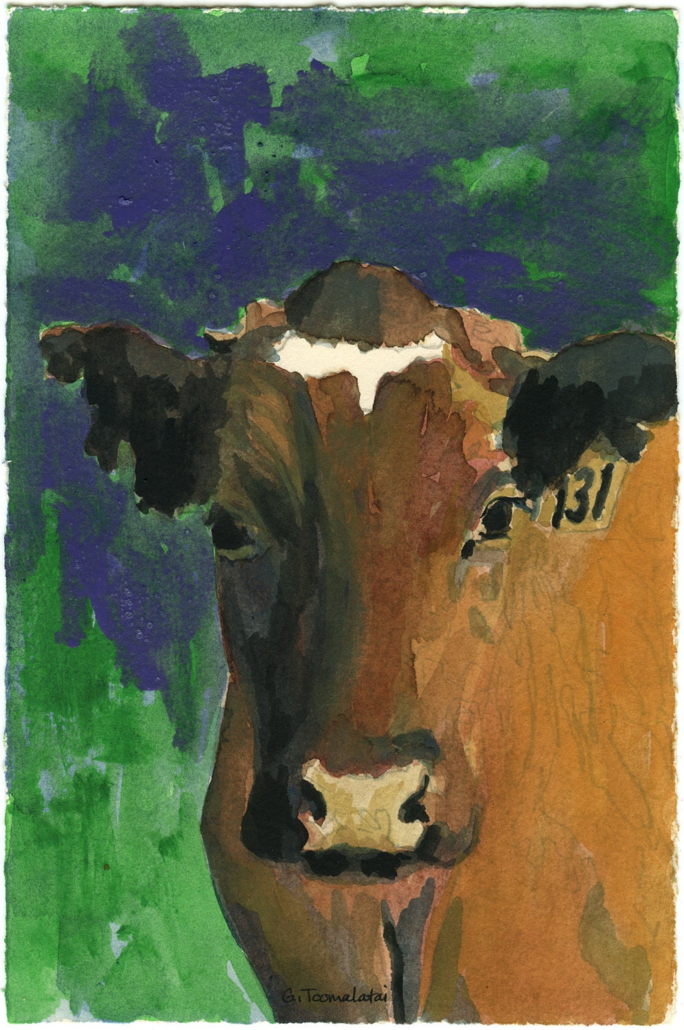 Red Orange Cow with purple green background original watercolor with acrylic paint