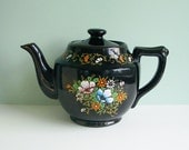 Large Redware Ceramic Teapot, Brown with Colorful Flowers