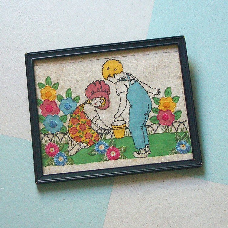 On Reserve for withneedleandthread: Vintage Vogart Pattern Linen Stitchery Picture of Two Children in the Garden