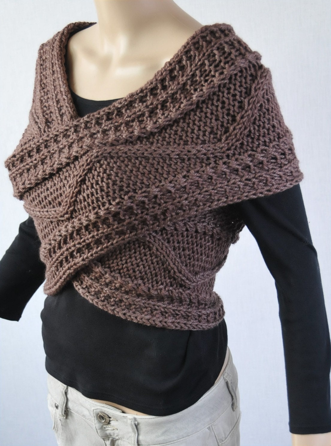 Hand knit sweater, Cross Sweater, Capelet and Neck warmer in Mocha