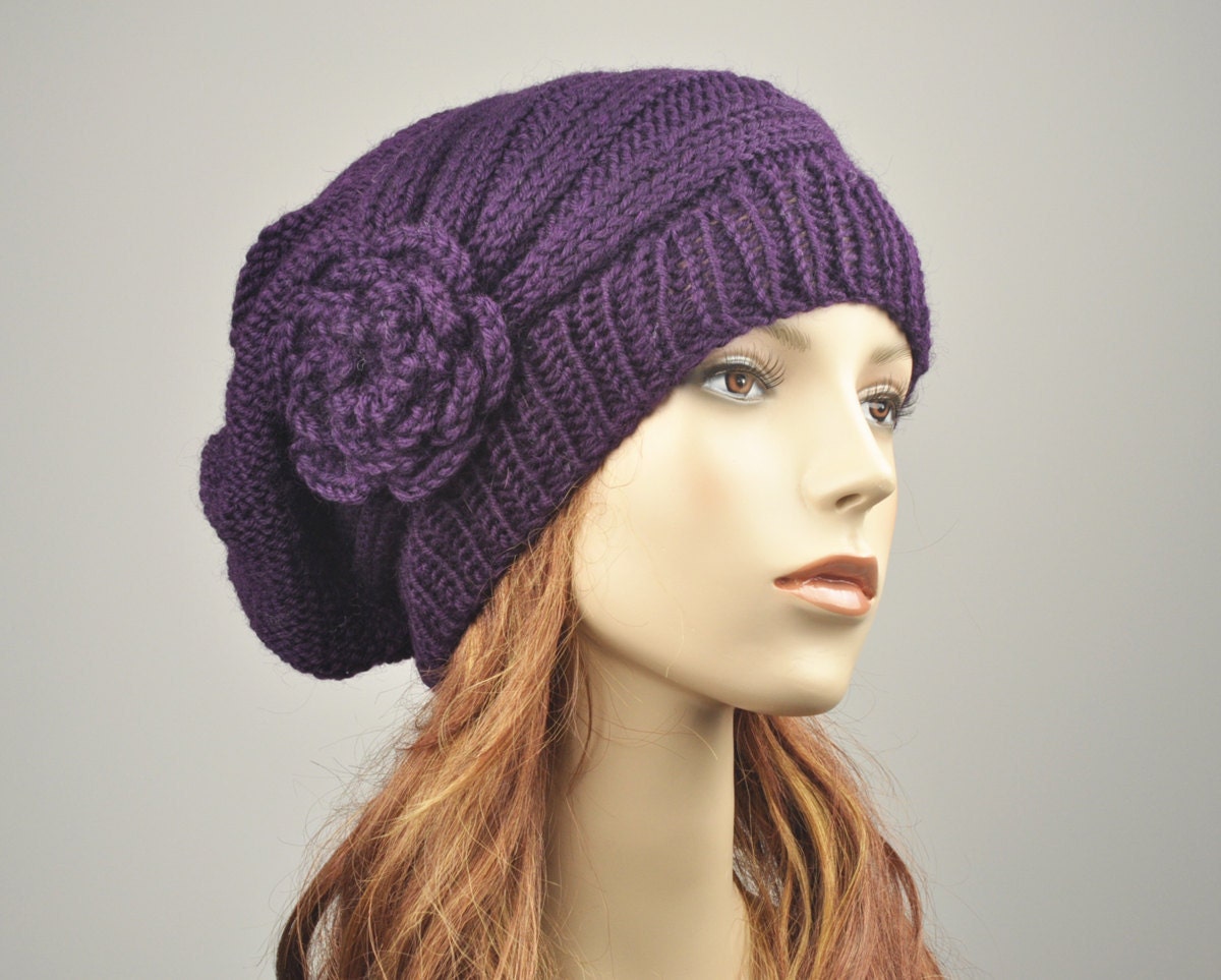 Hand Knit Hat - Oversized  Beret Hat with crochet flower in Deep purple