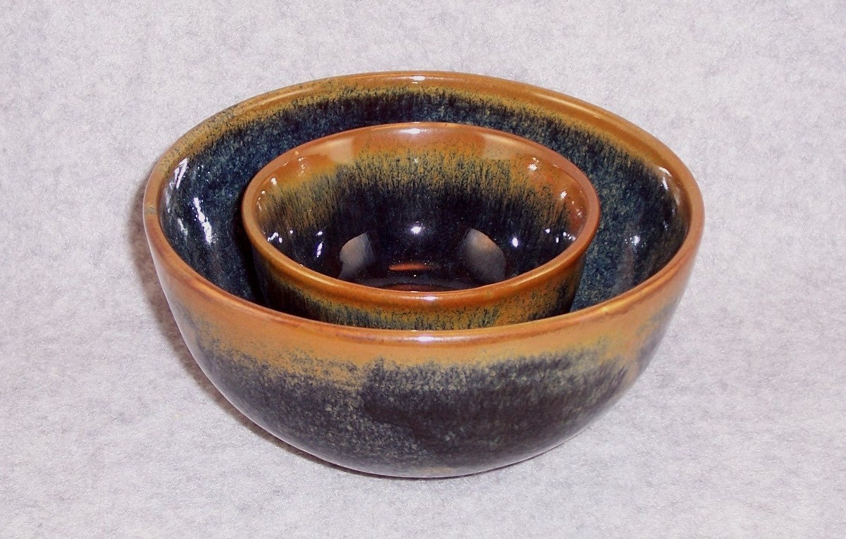 Handmade Ceramic Nested Bowls Bowl Set Deep Blue Russet brown Wheel Thrown Stoneware Ceramics Pottery