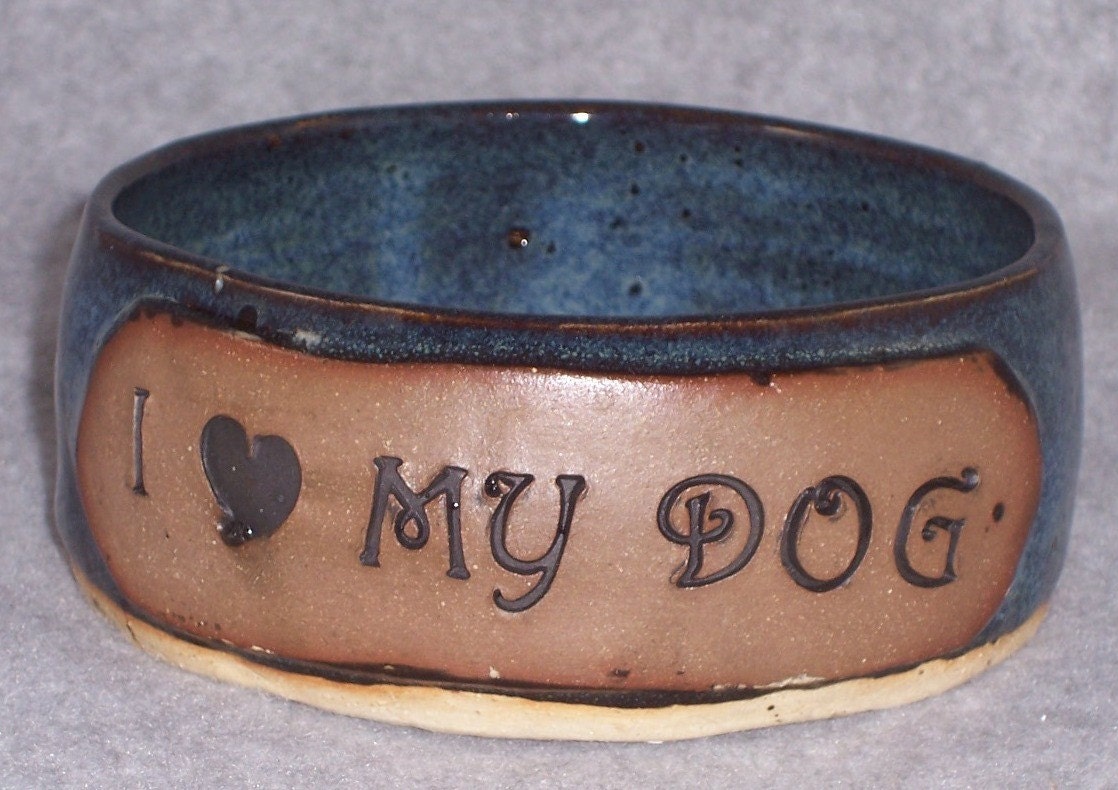 Ceramic Dog Bowl  I Love My Dog Denim Blue Wheel thrown  Stoneware Ceramics   Pottery