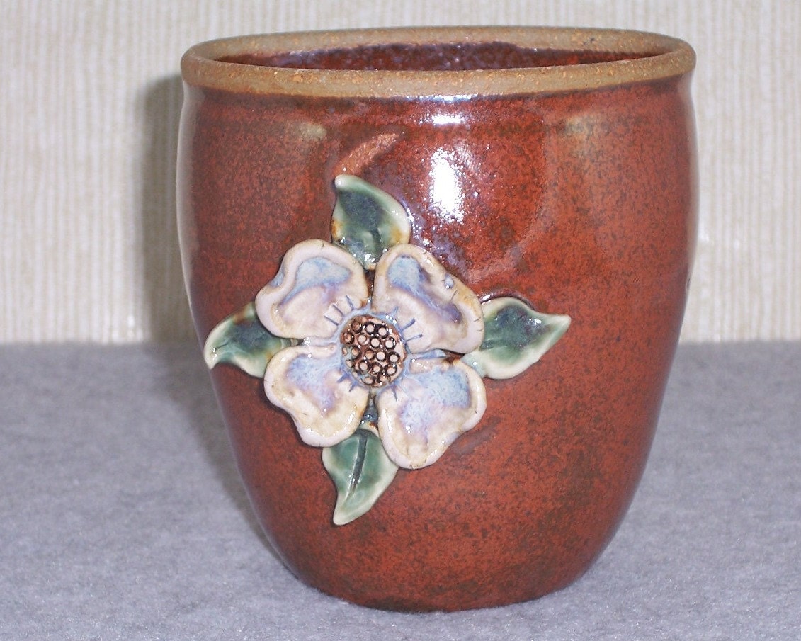 Handmade Ceramic Wall Planter Dogwood motif   Tomato Red Lavender and green Wheel Thrown Stoneware Ceramics Pottery