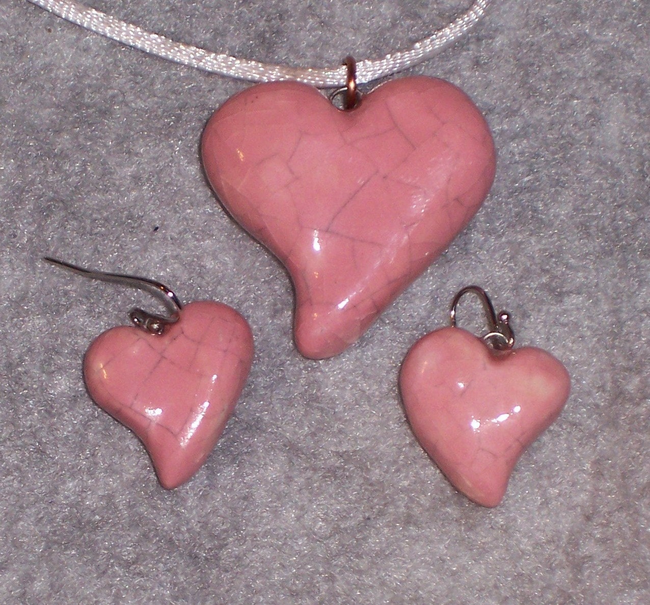 Valentines Day Ceramic Heart Jewelry  pendant and earrings Pink Crackle Ceramics Pottery