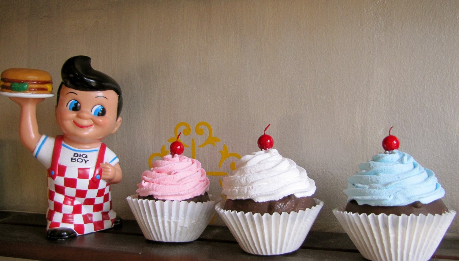 Fake Cupcake King Size Chocolate Cupcakes Blue, Pink, White Frosting Set 3 Perfect Photography Prop Great for Craft Show Displays