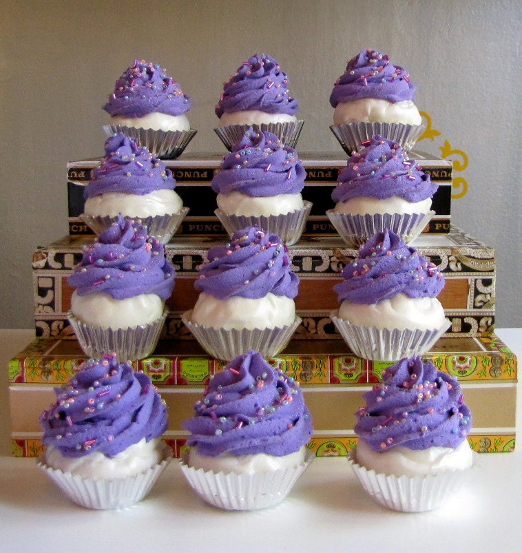 Fake Cupcakes Mini Cupcakes Set 6 White Lavender Collection w/Sprinkles Great Photography Props, Bakery/ Birthday Party Decor