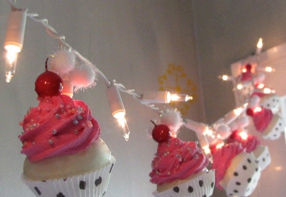 Fake Cupcake Pink Rockabilly String of Lights 12 Legs Orignal Concept Design 10 Mini Pink Fake Cupcakes Fab Bakery Decor First on Etsy