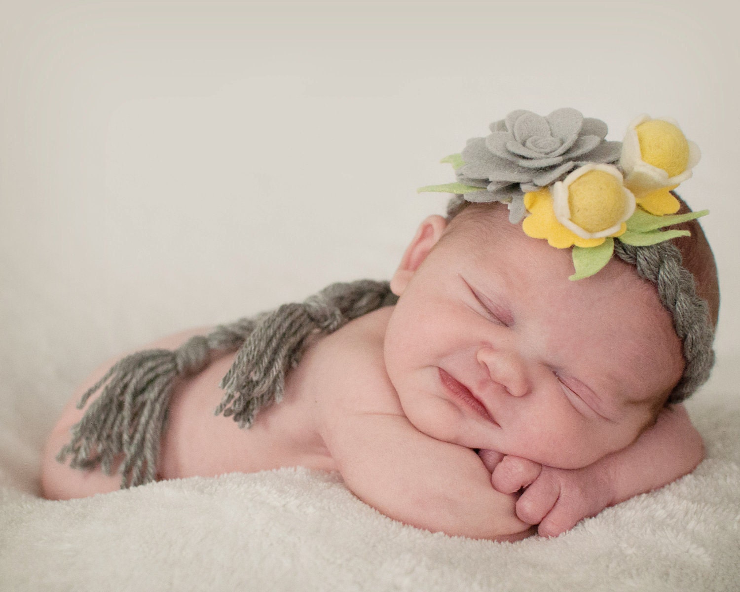 Kaylee soft felt yellow and grey braided headband for little girls, infants and toddlers, fun photo shoots and props, bridesmaid