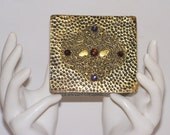 Antique Box Jeweled Hammered Brass Teak Wood Jewel Casket