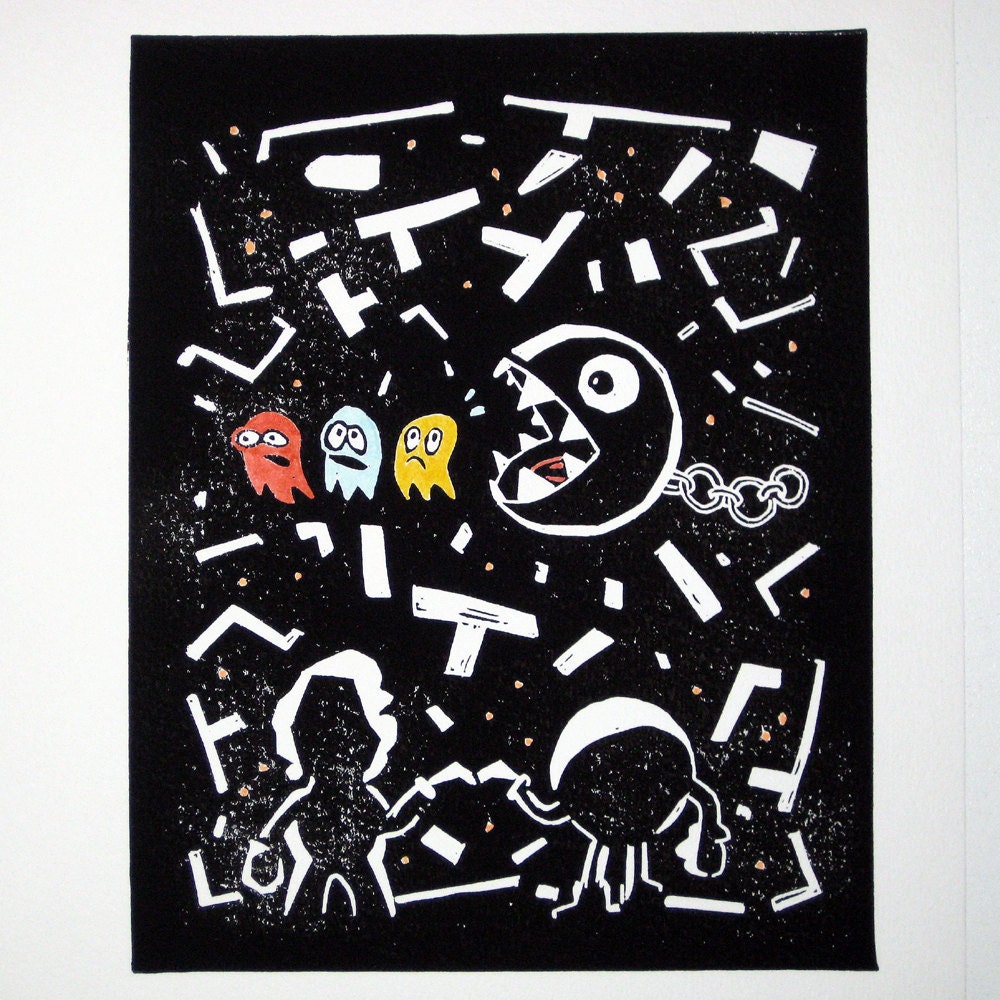 Inspired by Mario and Pac Man - TeamWork - Hand-Embellished Print - Arcade Art
