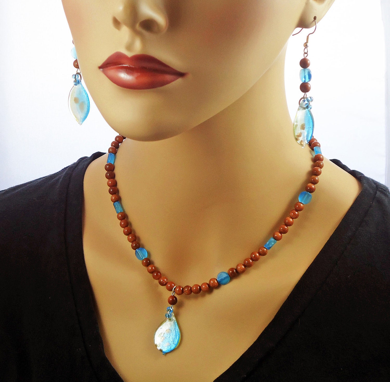 Gold Stone Foil Leaf Beadwork Pendant and Earrings Aqua Copper