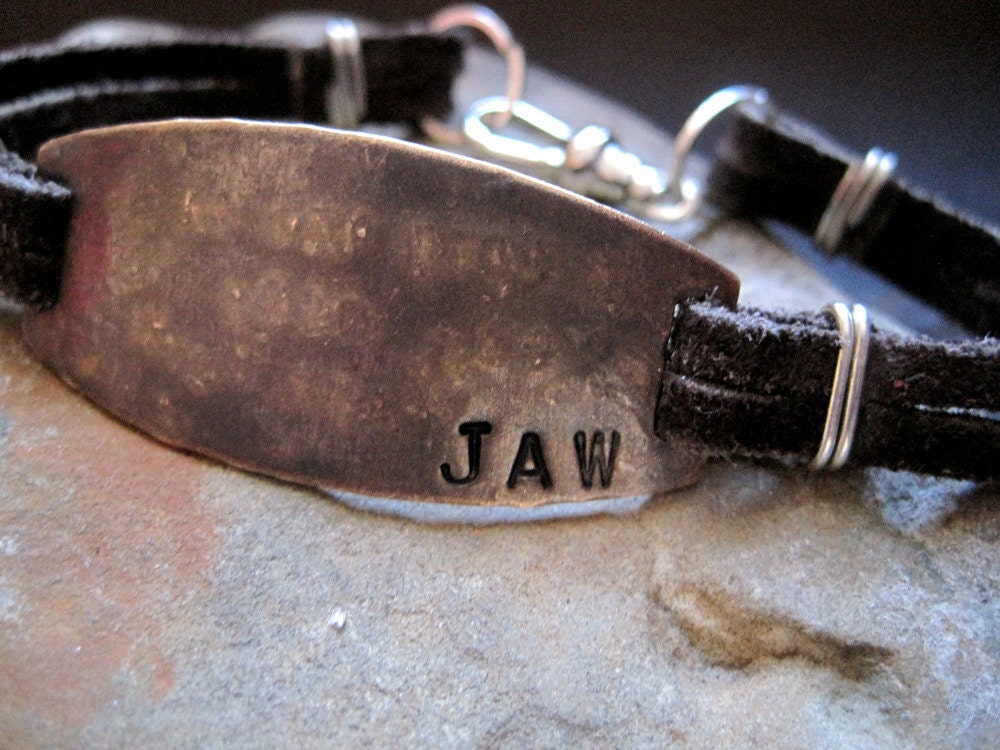 Mens Personalized Bracelet-CUSTOM Stamped Message Inside and Out- Rustic and Rugged - Leather - Copper - Silver