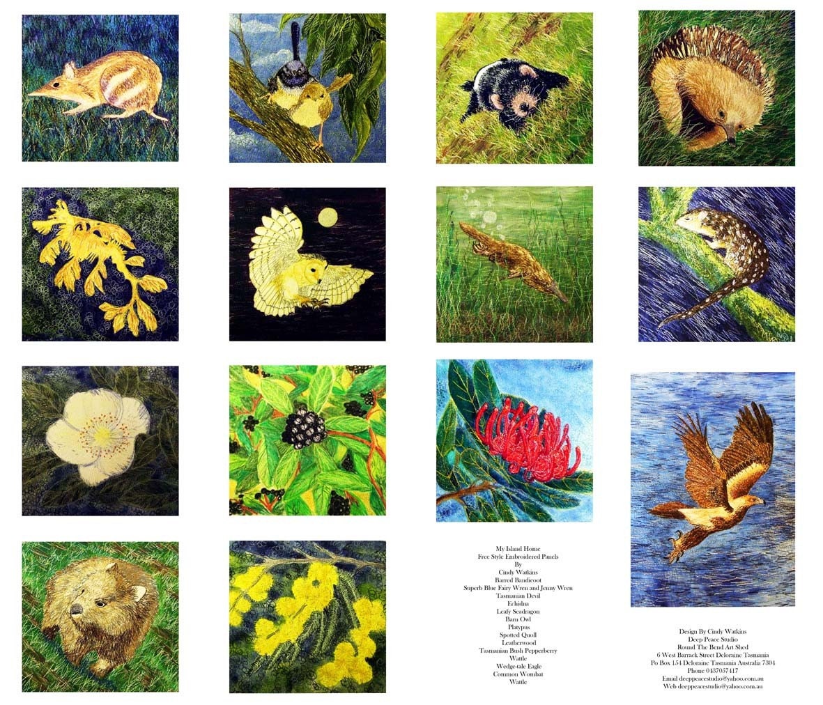 My Island home Tasmanian animals and plants Fabric Panel Completete collection By Cindy Watkins 14 Diffrent images.