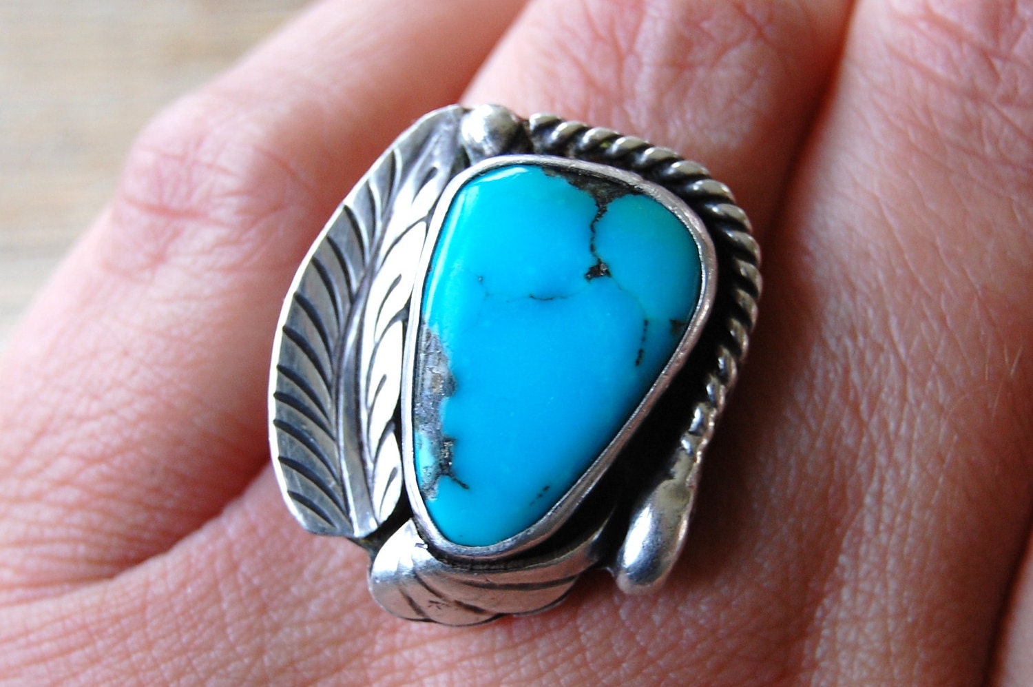 Vintage Navajo Silver & Turquoise Ring Signed ASHLEY  size 6.5 - 7