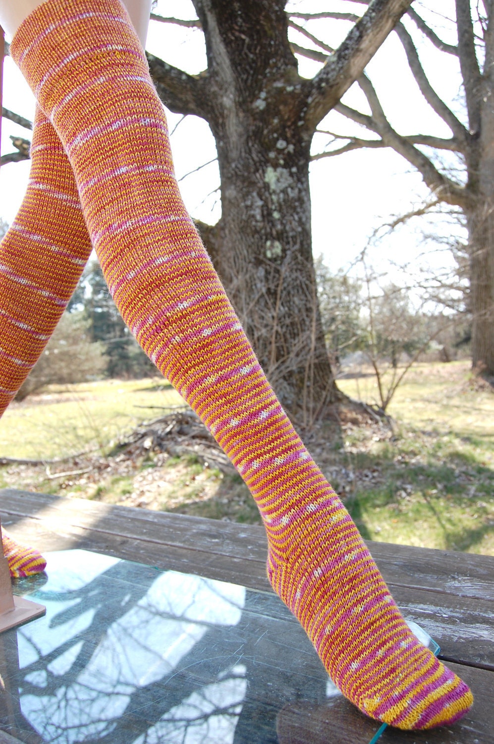Handknit Hand Dyed Fuschia Sunflower Wool Over the Knee Socks