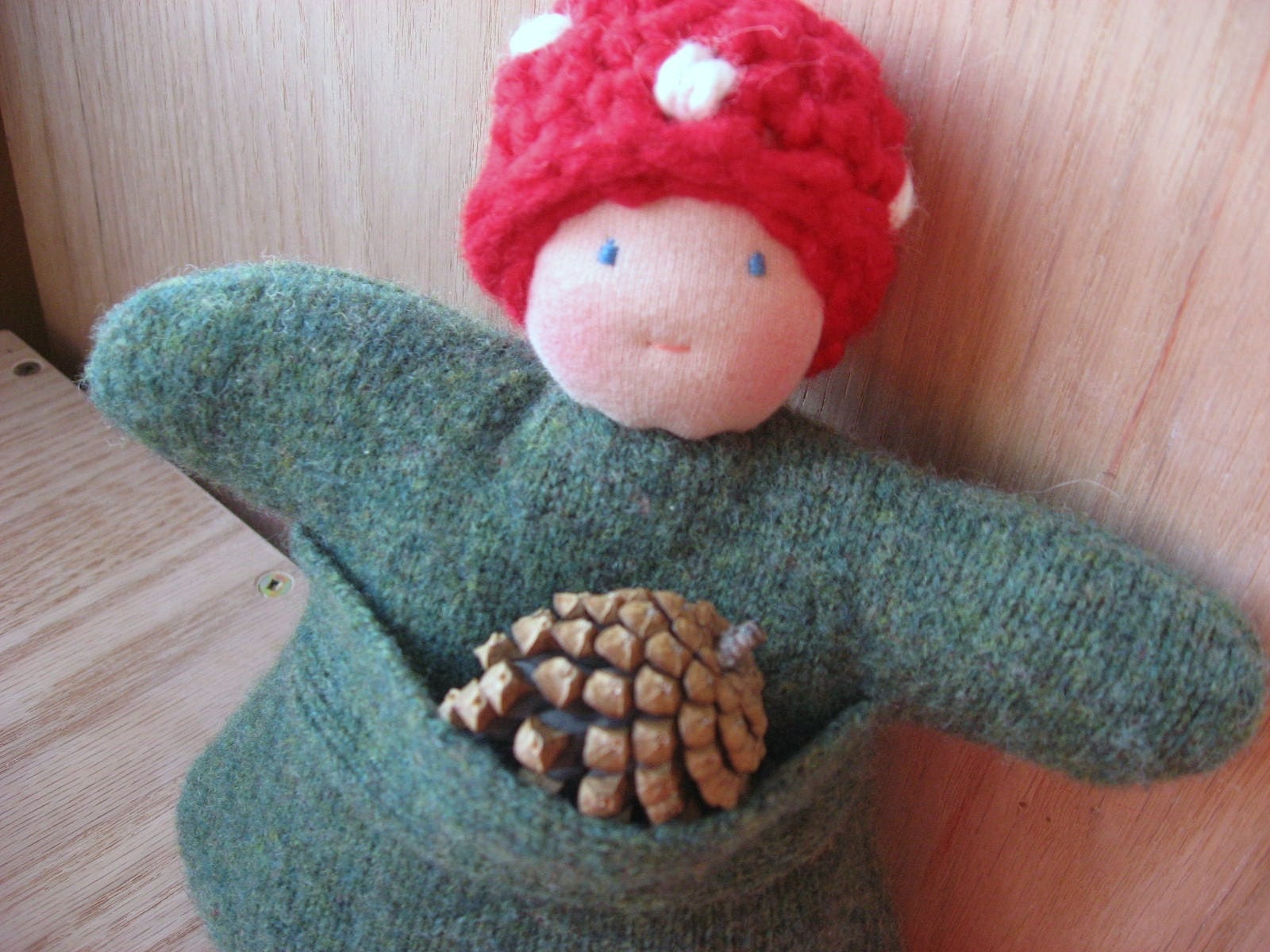Mushroom Cap and Green Pouch Baby, Waldorf Inspired Natural Doll
