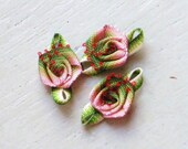 Ribbon Rose Appliques 295.3 - Variegated Green / Pink Rose with leaf - 24 pcs