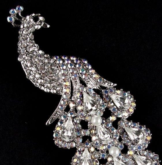 Peacock Rhinestone Broach, Boho Wedding Brooch, Bustier Pin, Crystal Pearl Jewelry, PEACOCK