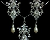 Victorian Weddings, Statement Earrings and Teardrop Necklace, Crystal Pearl Bridal Jewelry, ARMANI SET