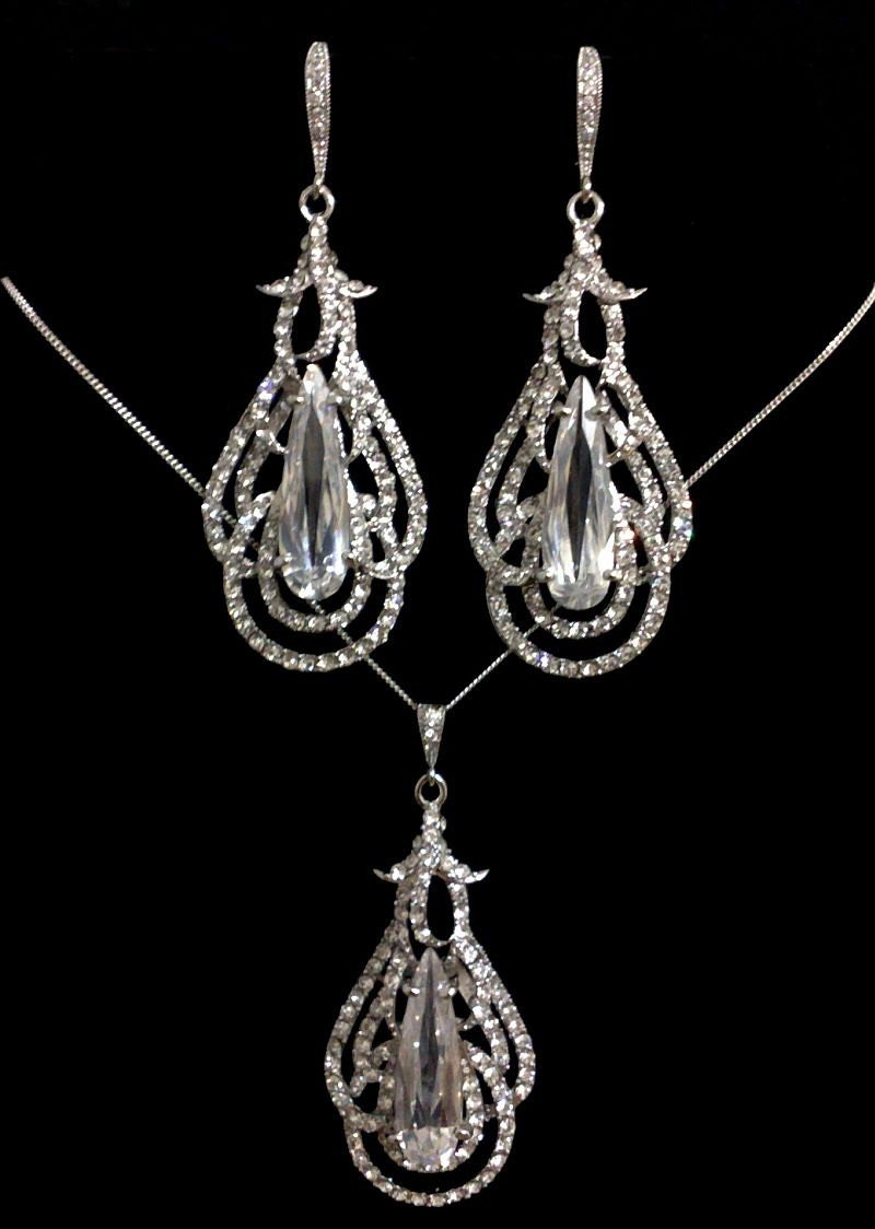Statement Bridal Necklace and Celebrity Teardrop Earrings, Hollywood Glamour Weddings Jewelry, MERYL
