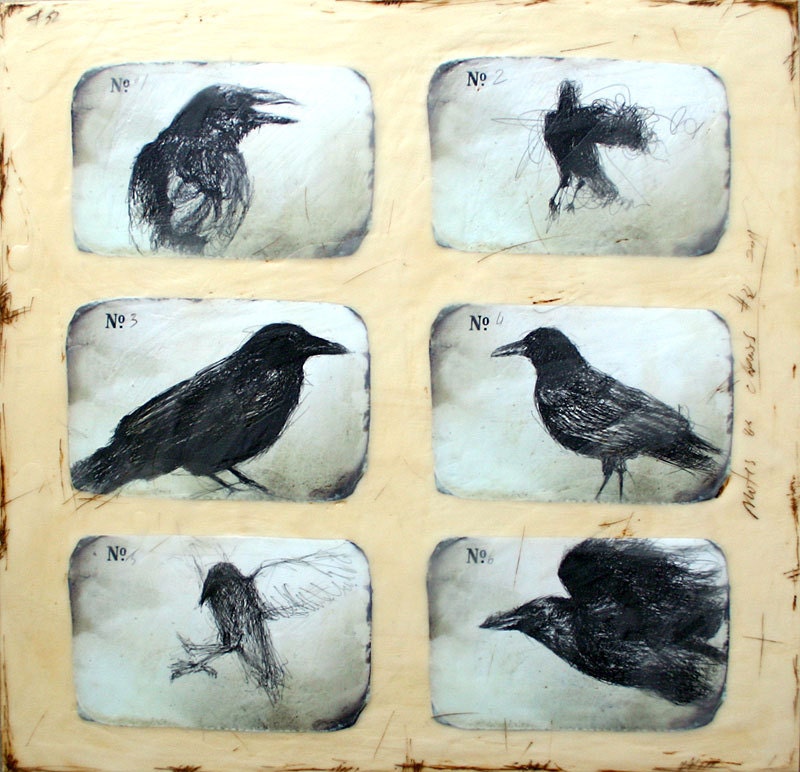 Notes on Crows II - ink drawing and encaustic painting