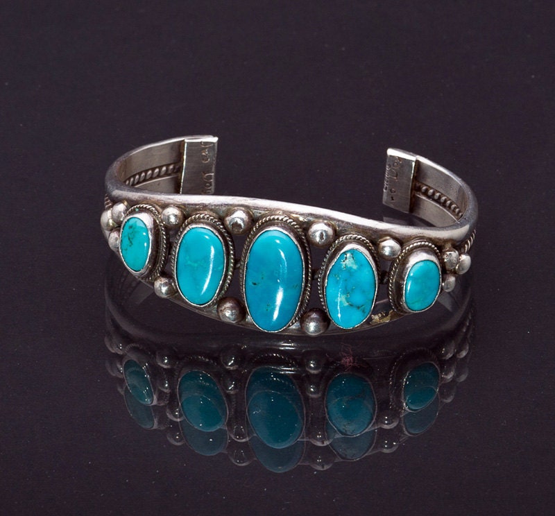 Turquoise Bracelet Navajo Lawrence Delgarito Five Stone Row Cuff