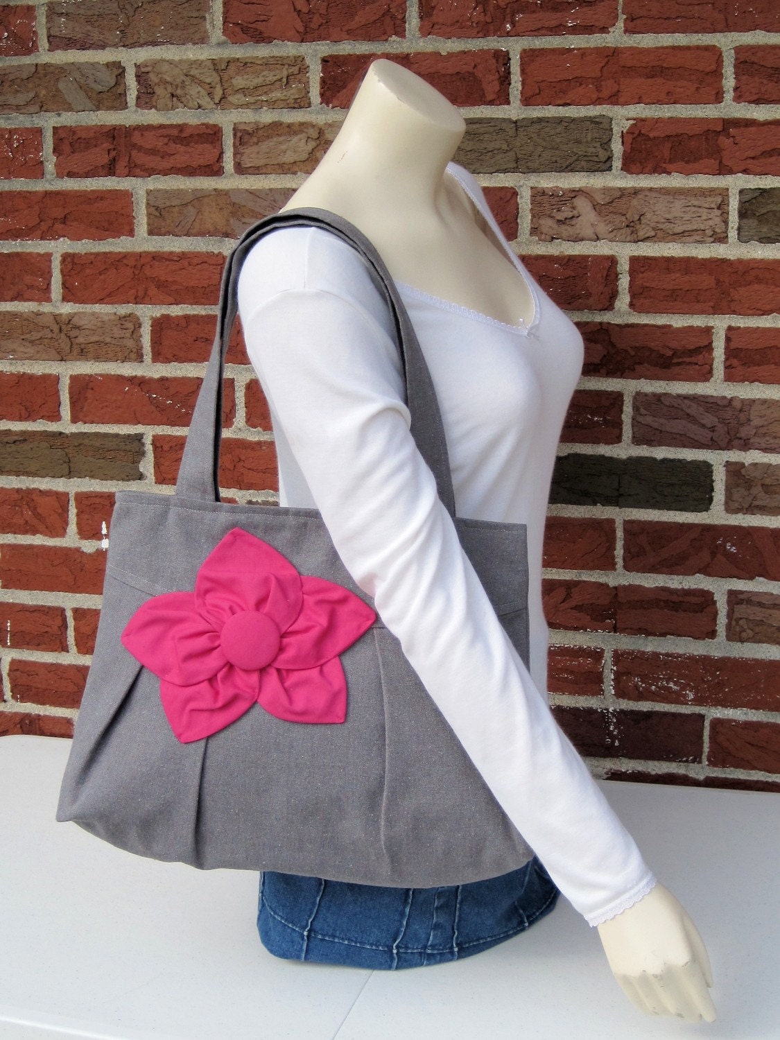 Eco Friendly Sophisticate Purse in Gray, Recycled Fabric with an Adorable Organic Bright Pink Flower