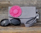Eco Friendly Mini Clutch in Gray Mix, Recycled and Organic Fabrics with Bright Pink Ruffle Blossom