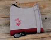 The Sweet Satchel in Deep Red and Gray Mix with Embroidered Retro Flowers, Made with 100 Percent Recycled Fabrics
