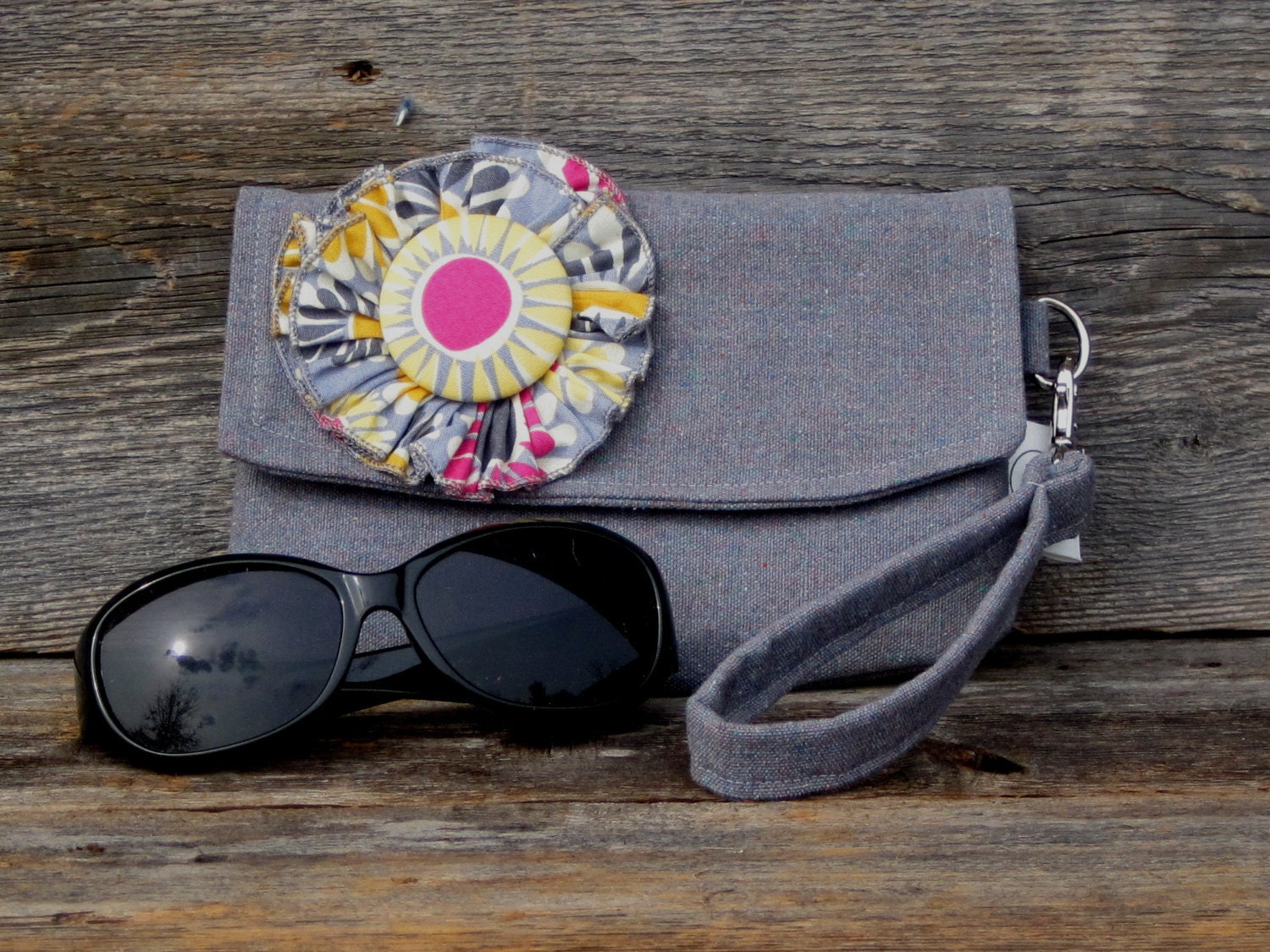 Eco Friendly Mini Clutch in Gray Mix, Recycled and Organic Fabrics with Gray Daisy Ruffle Blossom