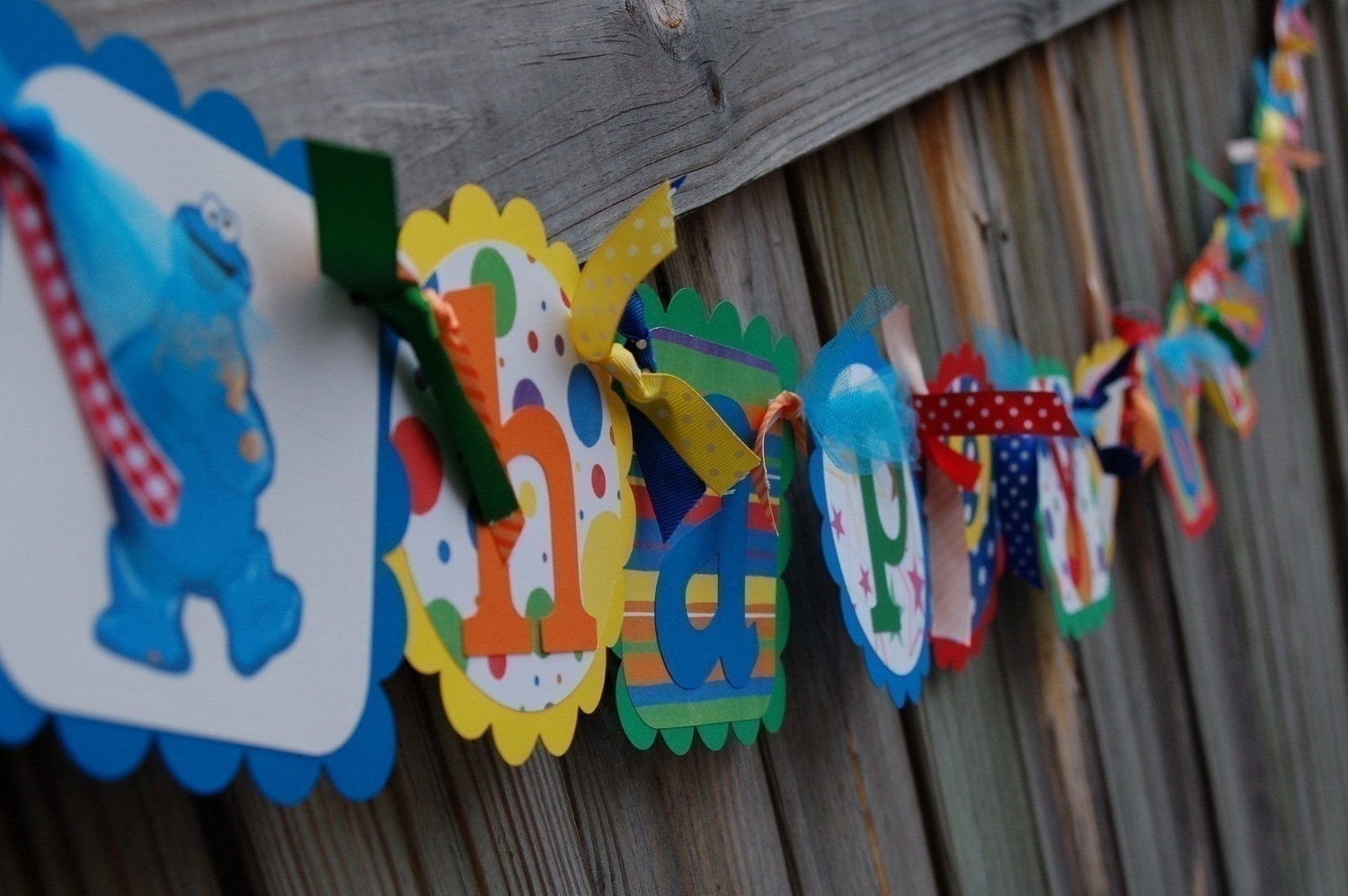 SESAME STREET Happy Birthday Banner in Primary Colors With Big Bird, Elmo & Cookie Monster