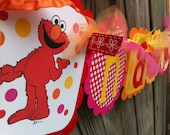 Happy Birthday Elmo Banner in Hot Pink, Yellow, Orange, & Red