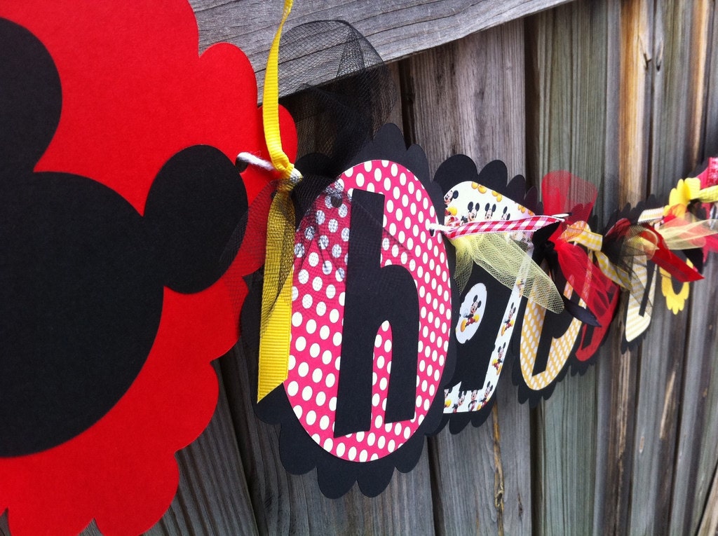MICKEY MOUSE Happy Birthday and NAME banner combo in Red, Black & Yellow