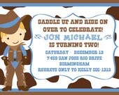 Cute Little Cowboy Birthday Party Invitation in Light Blue & Chocolate Brown