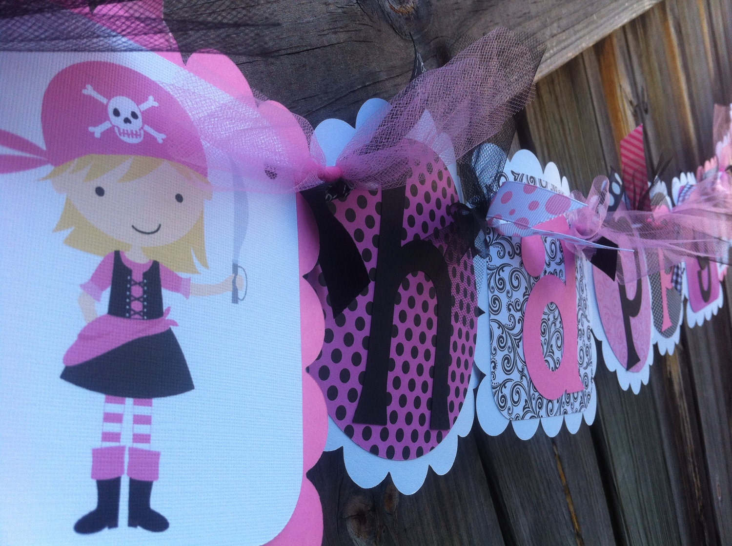 Pirate Girl Happy Birthday Banner in Pink & Blacks